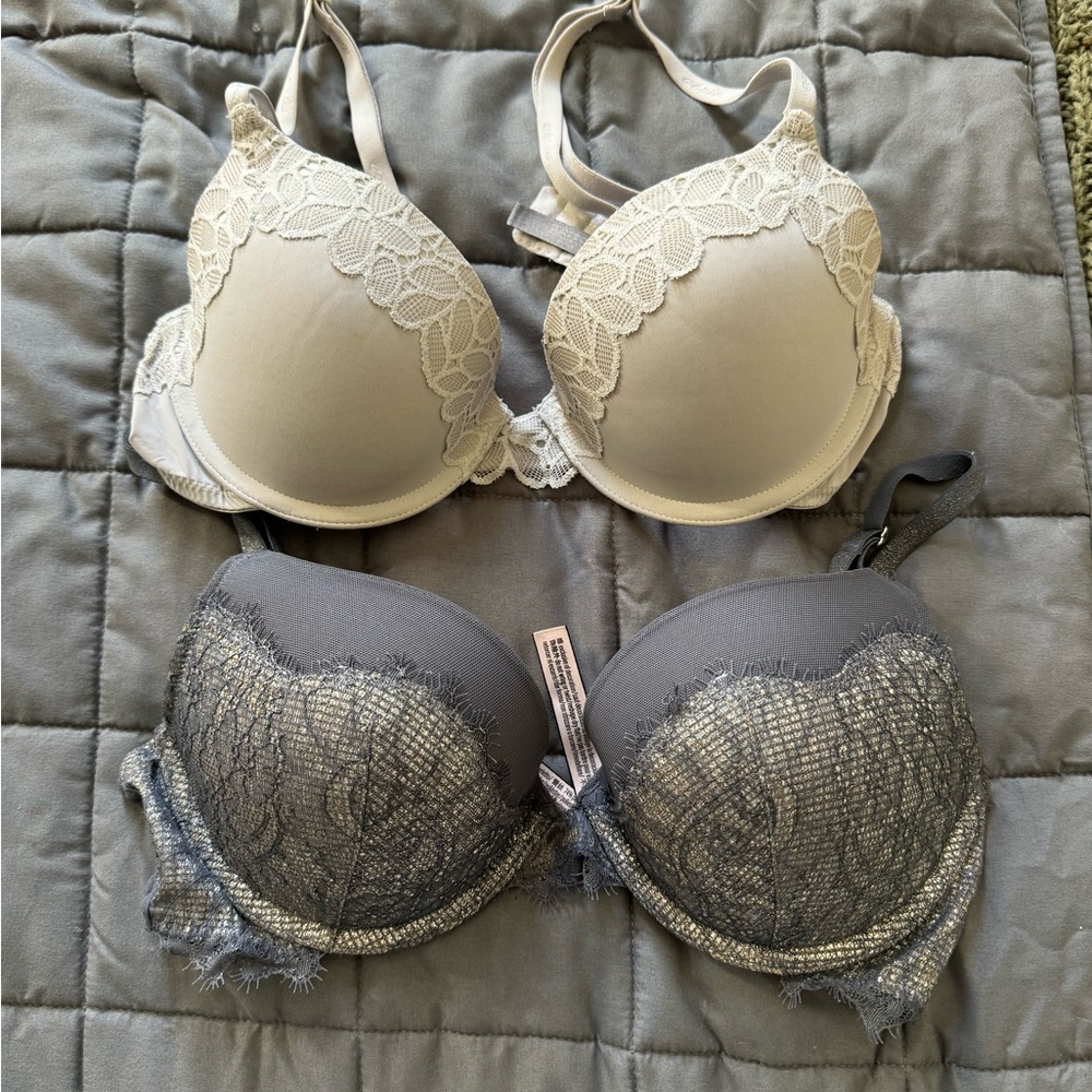 Lace Trim Padded Bras - Beige and Gray